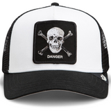Broderick's Clothing Co. Goorin Bros. black and white trucker hat featuring a skull and crossbones Danger patch