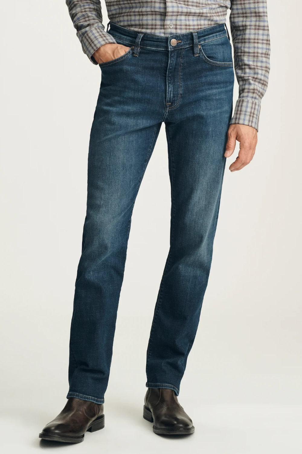 Broderick's Clothing Co. 34 Heritage dark vintage straight leg jeans with golden stitching and subtle fading