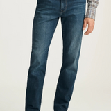 Broderick's Clothing Co. 34 Heritage dark vintage straight leg jeans with golden stitching and subtle fading