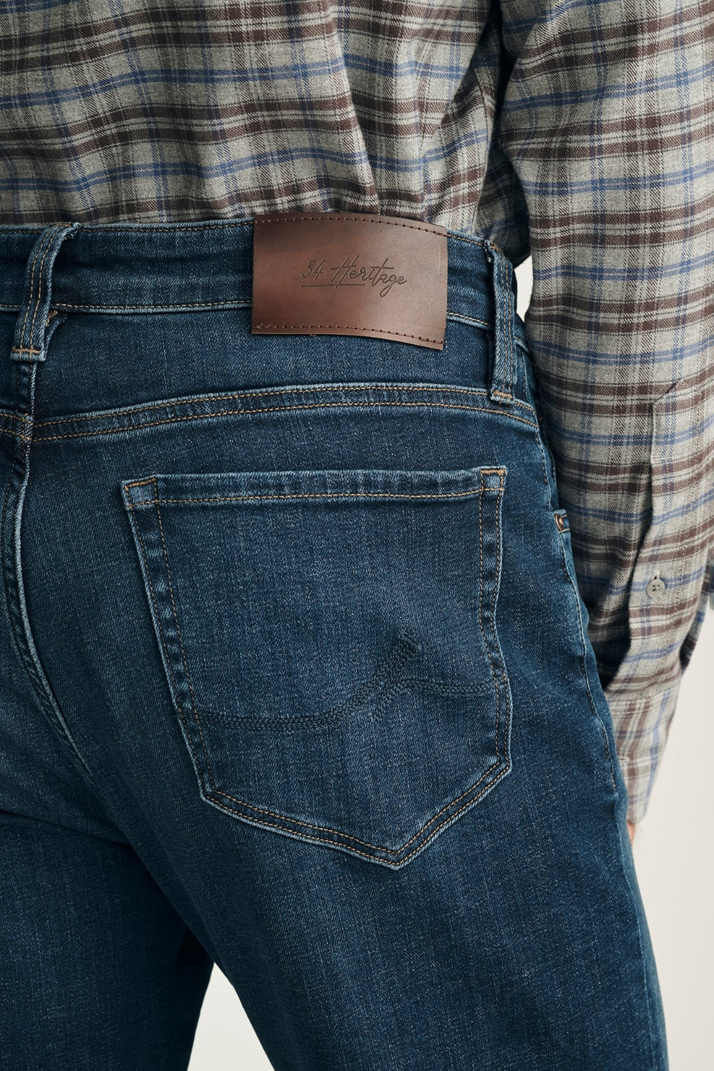 Broderick's Clothing Co. 34 Heritage dark vintage straight leg jeans with brown leather patch and contrast stitching