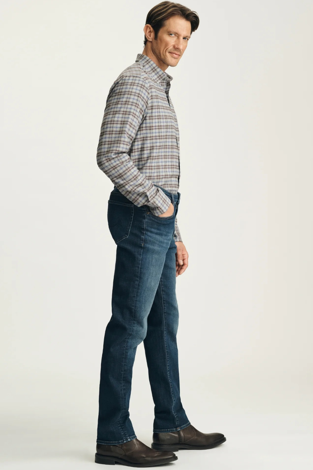 Broderick's Clothing Co. 34 Heritage Courage straight leg jeans in dark vintage wash with contrast stitching