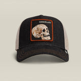 Broderick's Clothing Co. Goorin Bros. black denim trucker hat featuring a skull patch with the word CANCELED.