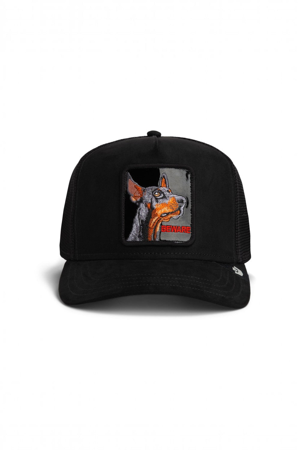 Broderick's Clothing Co. Goorin Bros. black trucker hat featuring an embroidered Doberman patch with BEWARE text