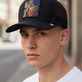 Broderick's Clothing Co. Goorin Bros. Doberman trucker hat in black with a detailed dog patch on a male model