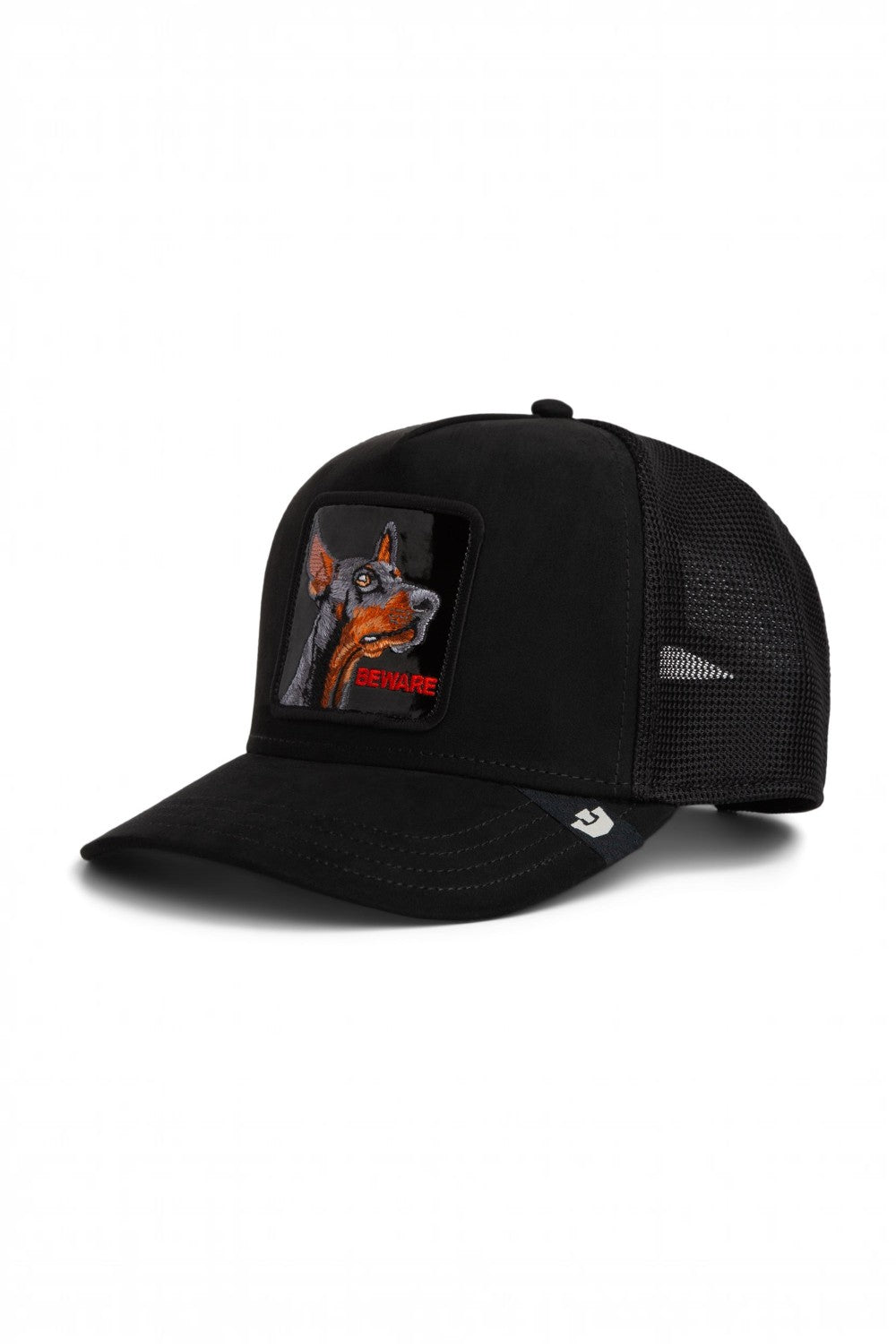 Broderick's Clothing Co. Goorin Bros. DOBERMAN black trucker hat with embroidered dog patch and BEWARE text