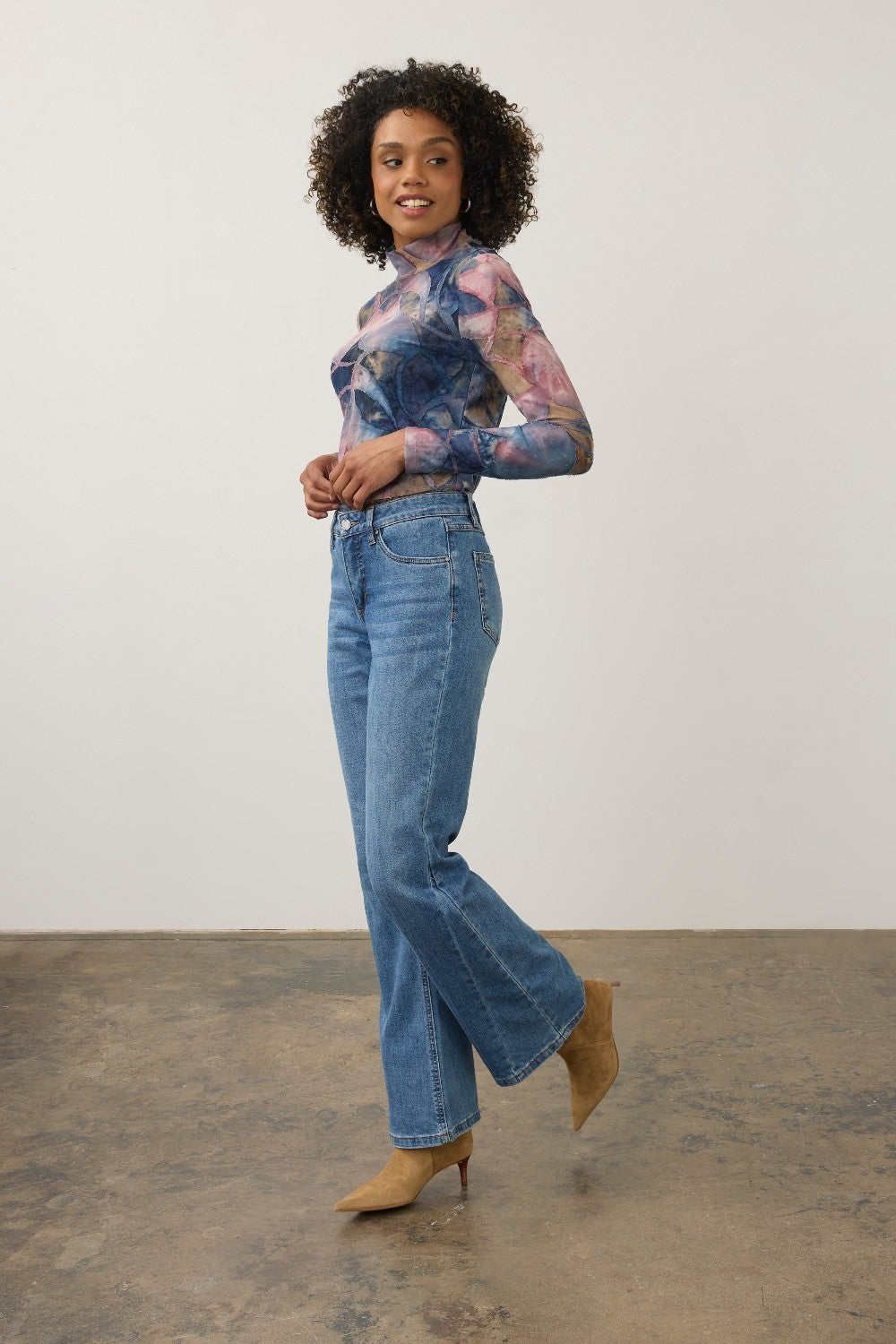 Broderick's Clothing Co. FDJ Olivia bootcut jeans in medium blue denim with knee panel detail worn with tan boots