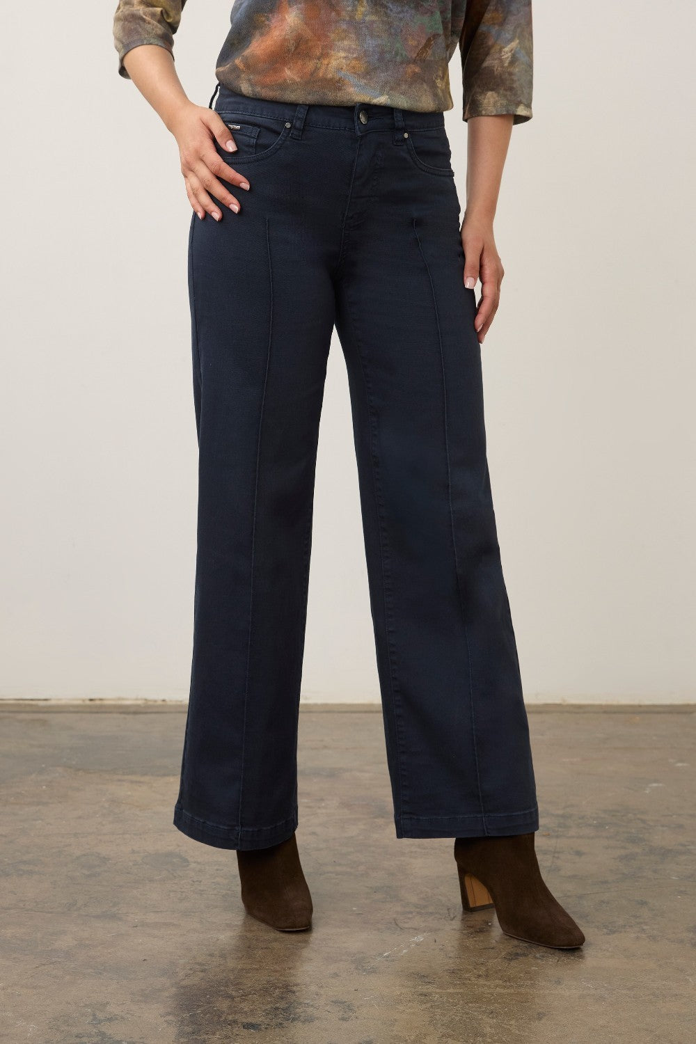 Broderick's Clothing Co. FDJ Olivia wide leg pants in dark navy cotton twill with pintuck detailing and brown boots