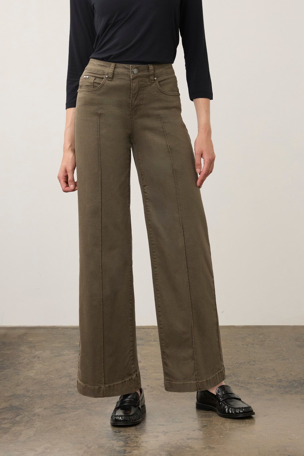 Broderick's Clothing Co. FDJ Olivia wide leg pants in olive euro twill cotton with pintuck detailing