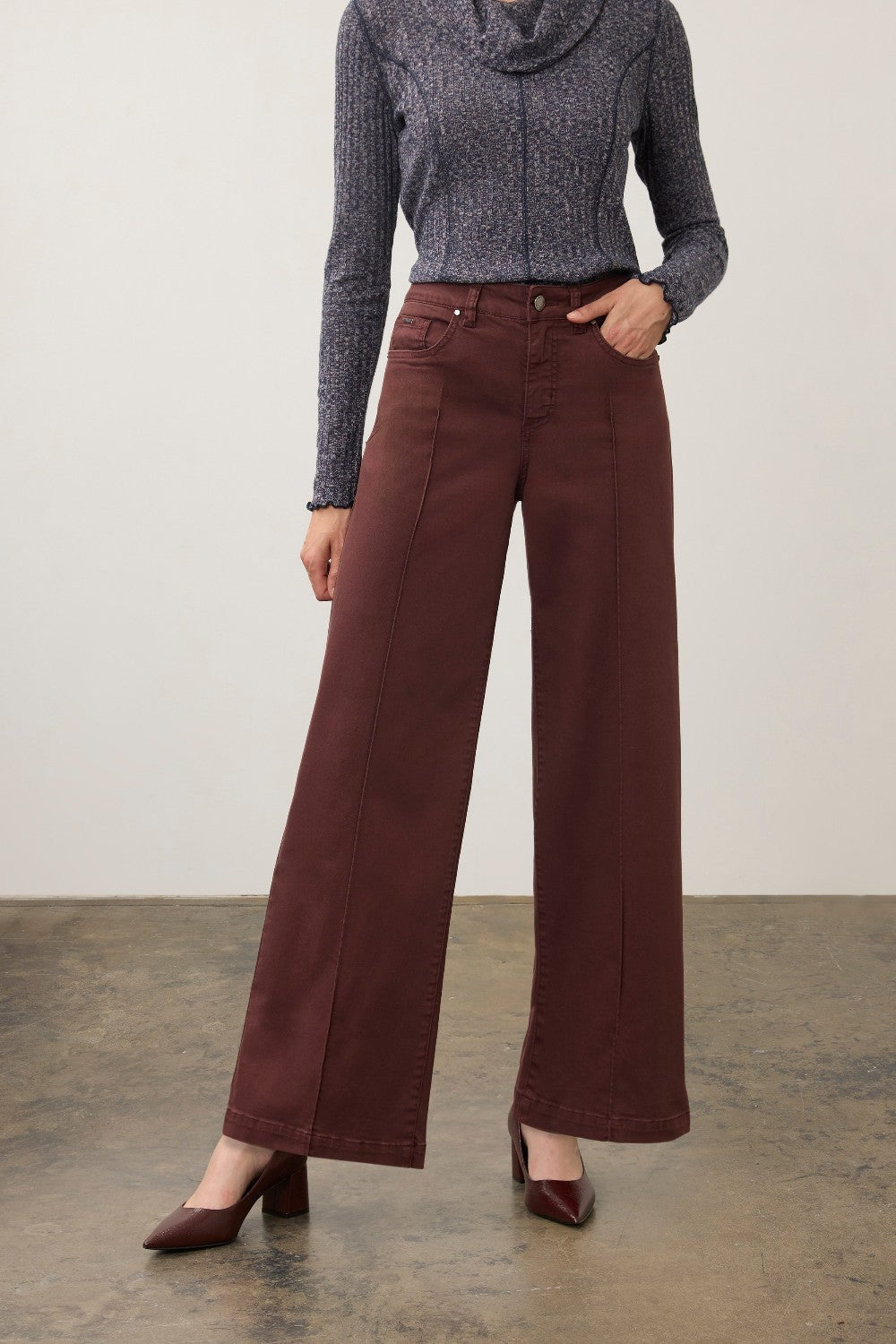Broderick's Clothing Co. FDJ Olivia wide leg pants in deep burgundy euro twill cotton with front pintuck detailing.