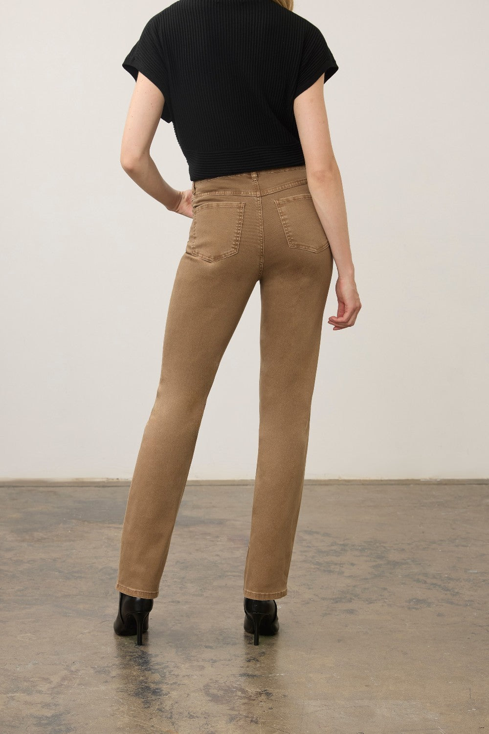 Broderick's Clothing Co. FDJ Petite Suzanne high-rise straight leg jeans in tan, shown from the back view.