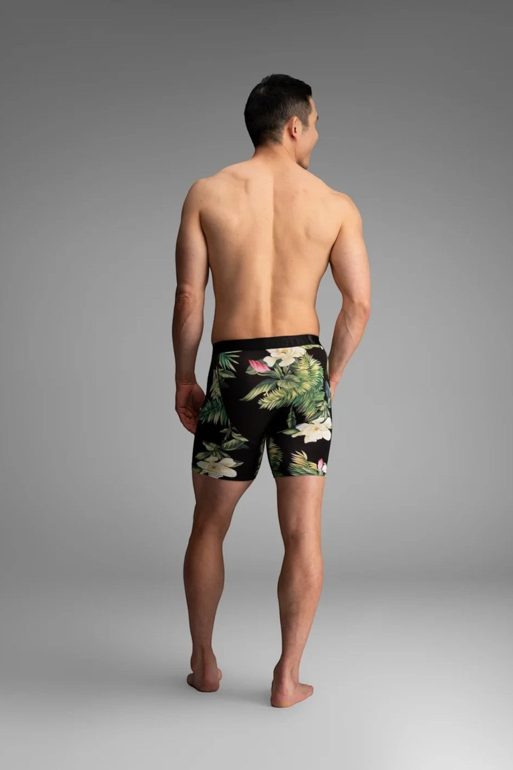 Broderick's Clothing Co. BN3TH Classic Icon boxer brief featuring a black floral print on a man from the back view.