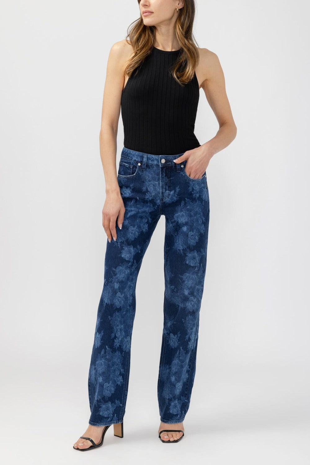 Broderick's Clothing Co. Avery high-rise straight leg jeans in dark blue floral denim with a contoured waistband.