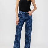 Broderick's Clothing Co. Avery high-rise straight leg jeans in dark blue floral denim with a contoured waistband.