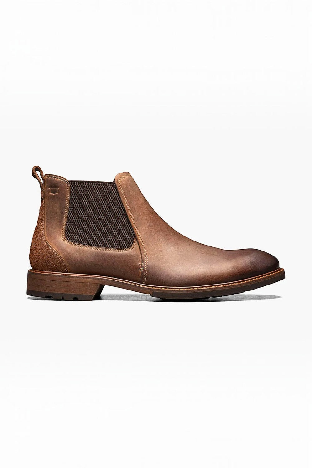 Broderick's Clothing Co. Florsheim Lodge brown leather Chelsea boot with side gore panels and cushioned footbed.