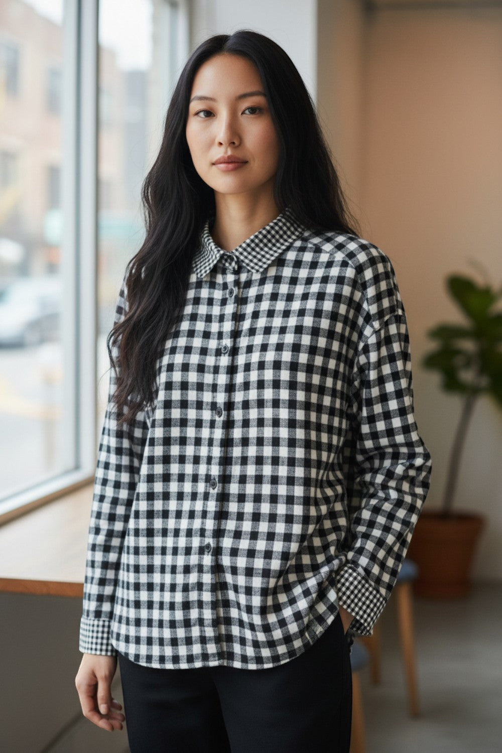 Broderick's Clothing Co. Shannon Passero Aubrey shirt in a black and white gingham check with a relaxed fit.