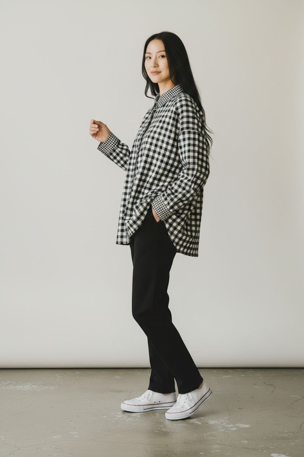 Broderick's Clothing Co. Shannon Passero Aubrey black and white gingham button-down shirt on a model