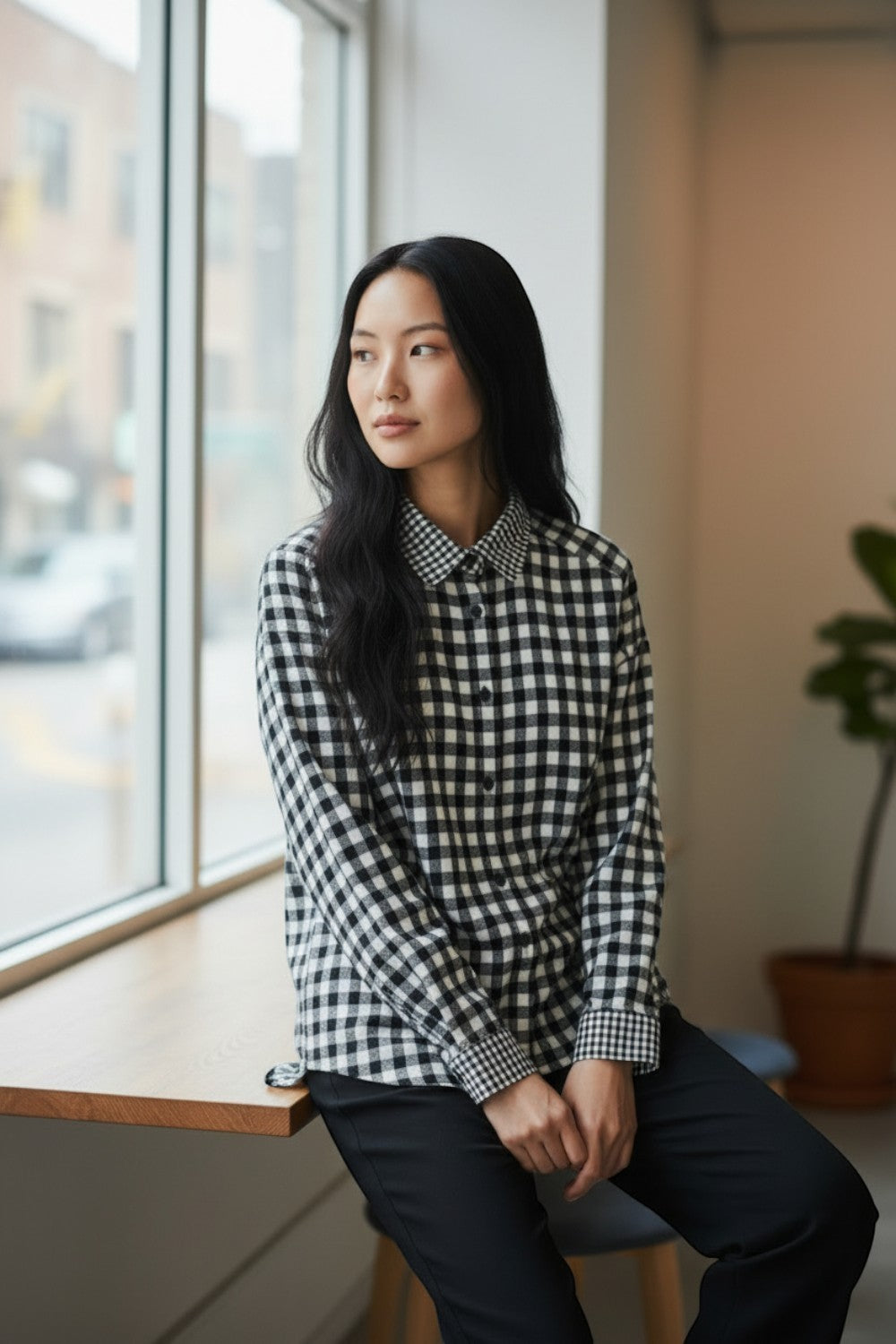 Broderick's Clothing Co. Shannon Passero Aubrey shirt in a black and white gingham check pattern with a classic collar.