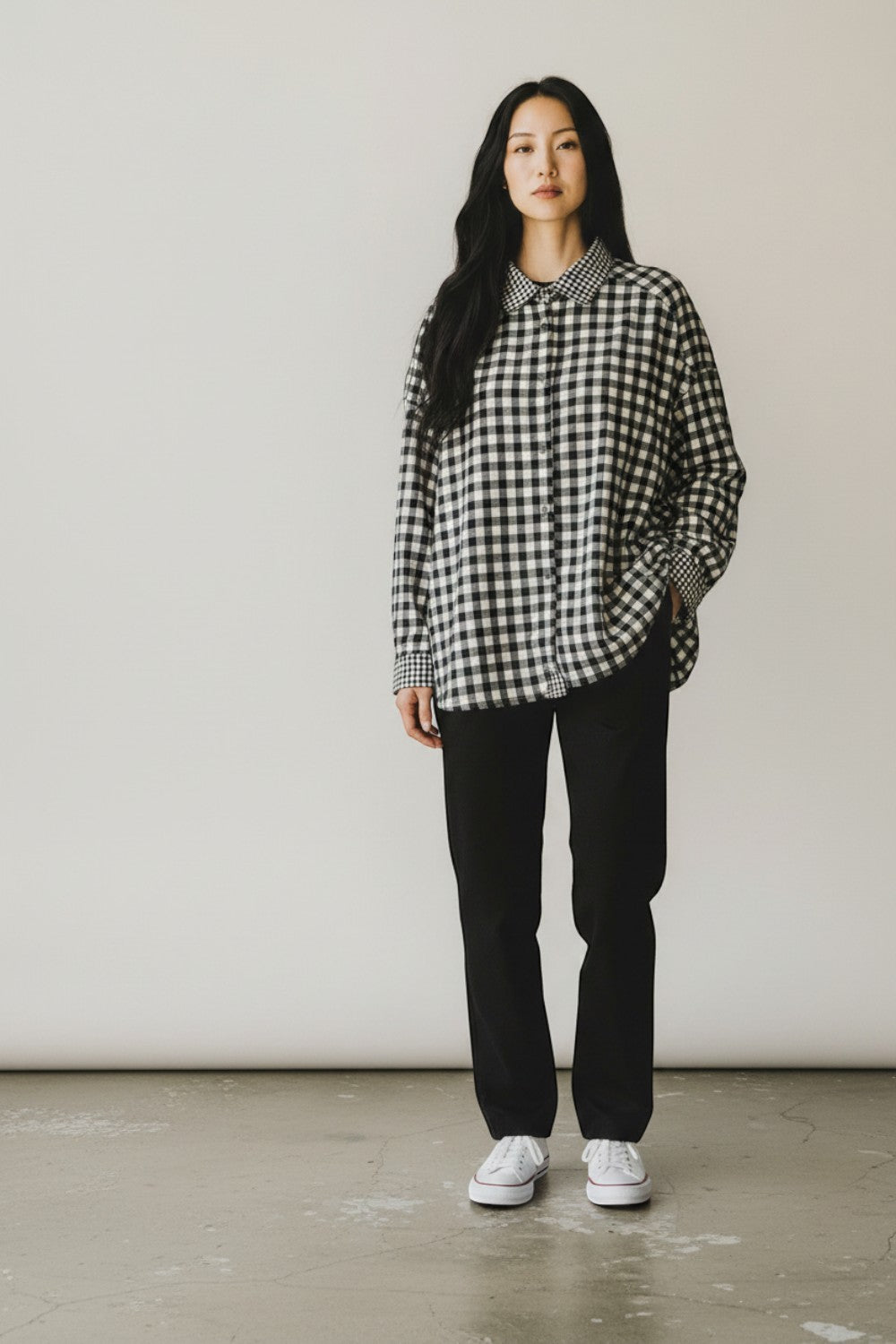 Broderick's Clothing Co. Shannon Passero Aubrey shirt in black and white gingham with a relaxed, oversized fit.