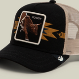 Broderick's Clothing Co. Goorin Bros. black trucker hat with a bull patch, desert-inspired embroidery, and tan mesh.