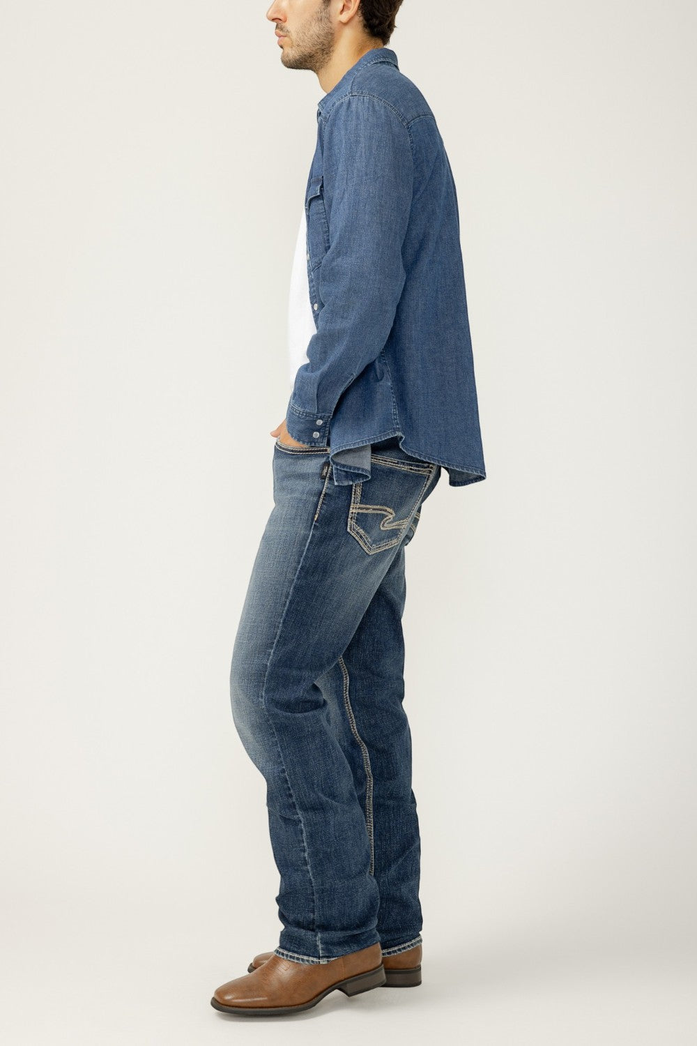 Broderick's Clothing Co. Silver Jeans Co. Grayson straight leg jeans in medium wash denim worn by a man side view