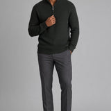 Broderick's Clothing Co. dark green textured cotton quarter-zip sweater worn by a man with grey trousers