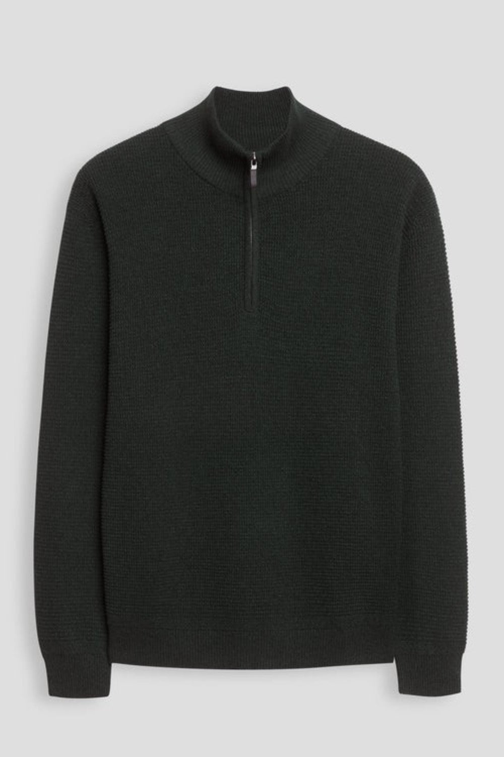 Broderick's Clothing Co. dark green textured cotton quarter-zip sweater with a stand collar and ribbed cuffs.