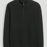 Broderick's Clothing Co. dark green textured cotton quarter-zip sweater with a stand collar and ribbed cuffs.