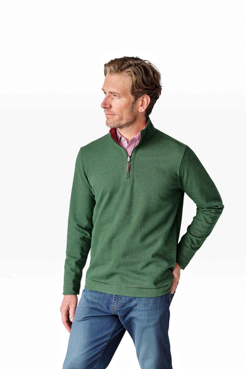 Broderick's Clothing Co. green reversible quarter-zip sweater with stand collar and leather-look zipper pull