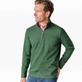 Broderick's Clothing Co. green reversible quarter-zip sweater with stand collar and leather-look zipper pull