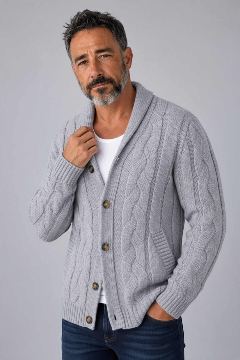 Broderick's Clothing Co. grey cable-knit wool blend cardigan with shawl collar and buttons worn by a bearded man