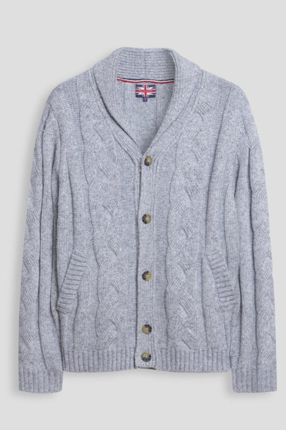 Broderick's Clothing Co. grey cable-knit wool blend cardigan with a V-neck, button front, and side pockets.