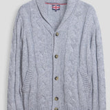 Broderick's Clothing Co. grey cable-knit wool blend cardigan with a V-neck, button front, and side pockets.