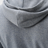 Broderick's Clothing Co. grey heathered cotton-blend hoodie showing the hood detail from behind