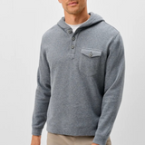 Broderick's Clothing Co. grey heathered button henley hoodie with a chest pocket worn by a man against a white background