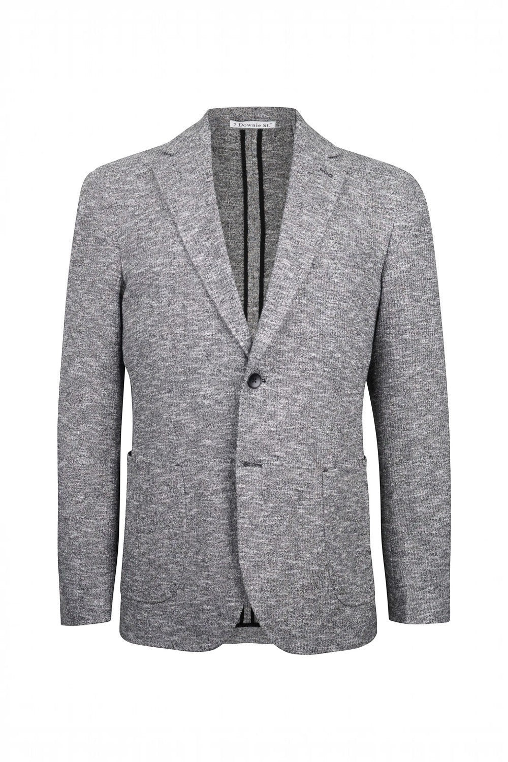 Broderick's Clothing Co. grey heathered knit blazer with notch lapels, two-button closure, and patch pockets.