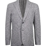 Broderick's Clothing Co. grey heathered knit blazer with notch lapels, two-button closure, and patch pockets.