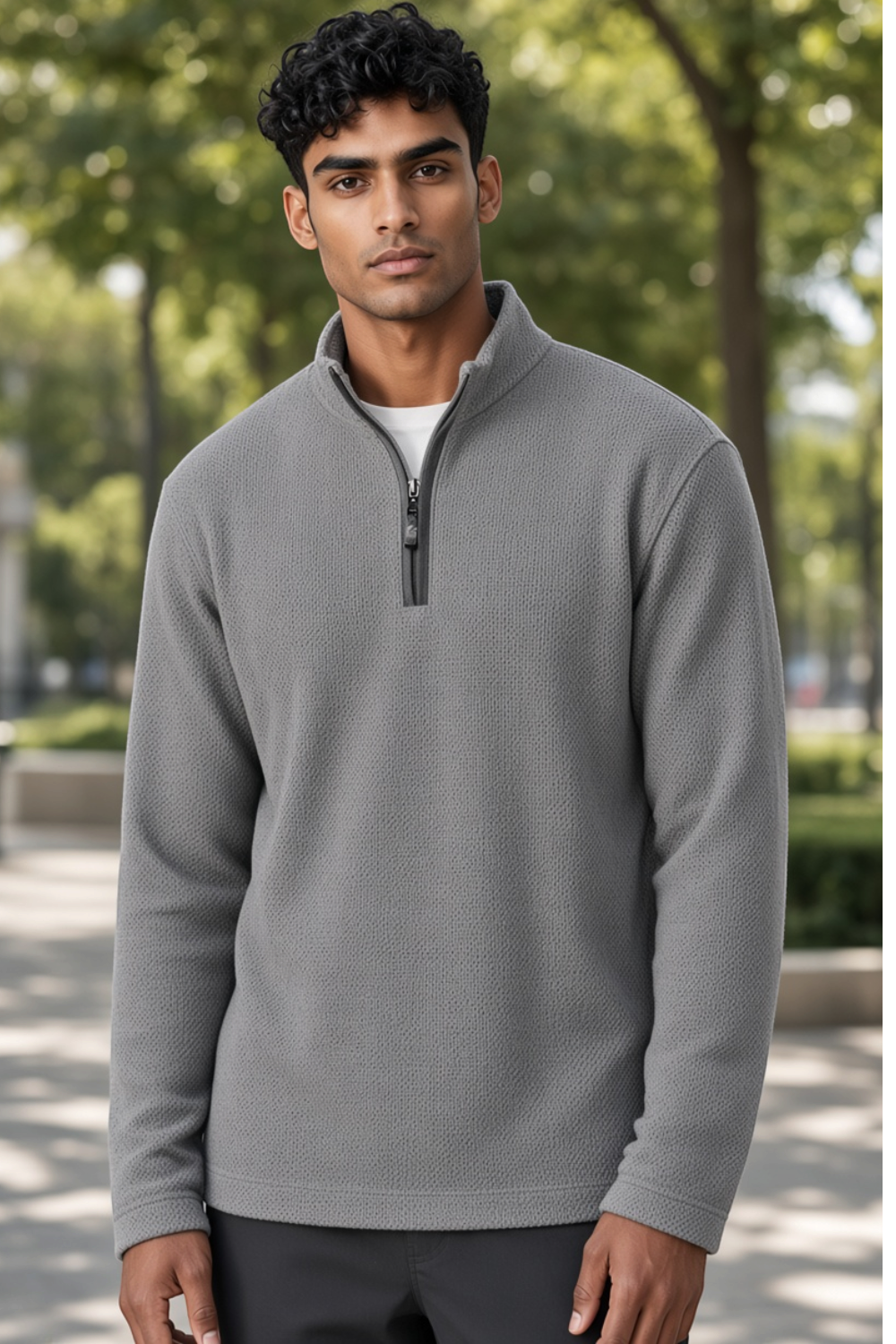 Broderick's Clothing Co. grey melange quarter-zip sweater worn by a man in an outdoor setting