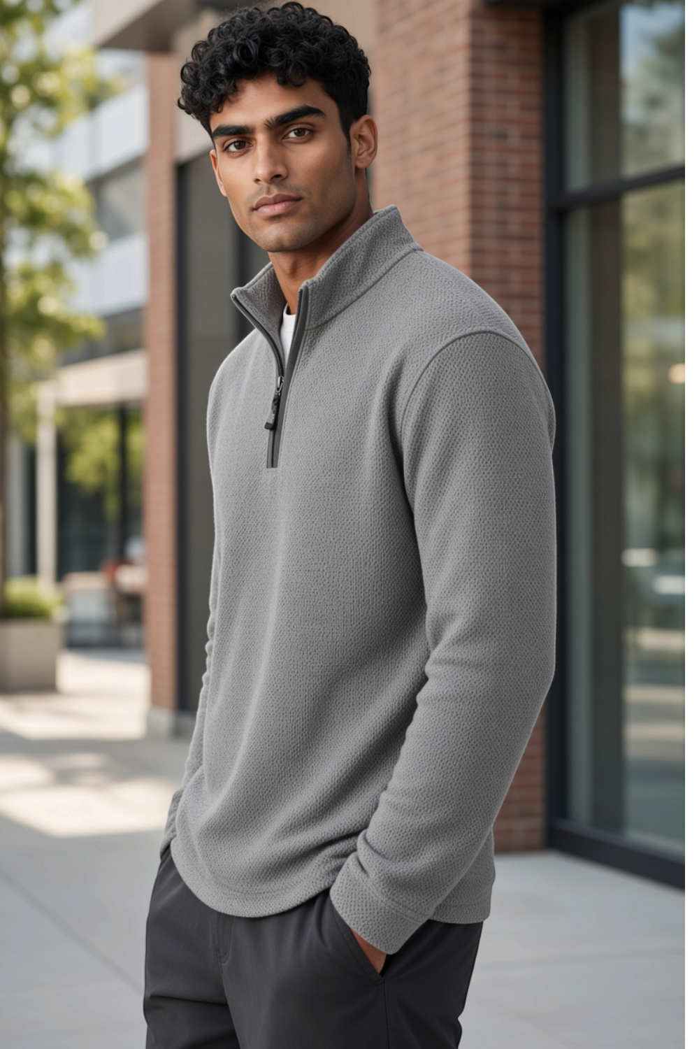 Man wearing a Broderick's Clothing Co. grey melange quarter-zip sweater with a textured knit finish outdoors.