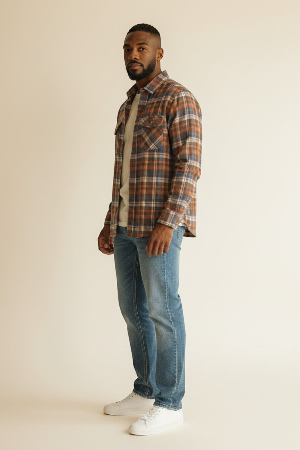 Broderick's Clothing Co. Johnston & Murphy heathered plaid woven shirt with chest pocket worn by a man in jeans