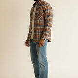 Broderick's Clothing Co. Johnston & Murphy heathered plaid woven shirt with chest pocket worn by a man in jeans