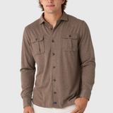 Broderick's Clothing Co. Johnnie-O brown twill overshirt with dual chest pockets worn by a man on a grey background