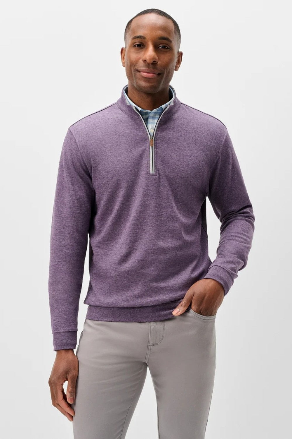 Broderick's Clothing Co. Johnnie-O Sully purple quarter-zip pullover worn by a man over a plaid shirt