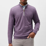 Broderick's Clothing Co. Johnnie-O Sully purple quarter-zip pullover worn by a man over a plaid shirt