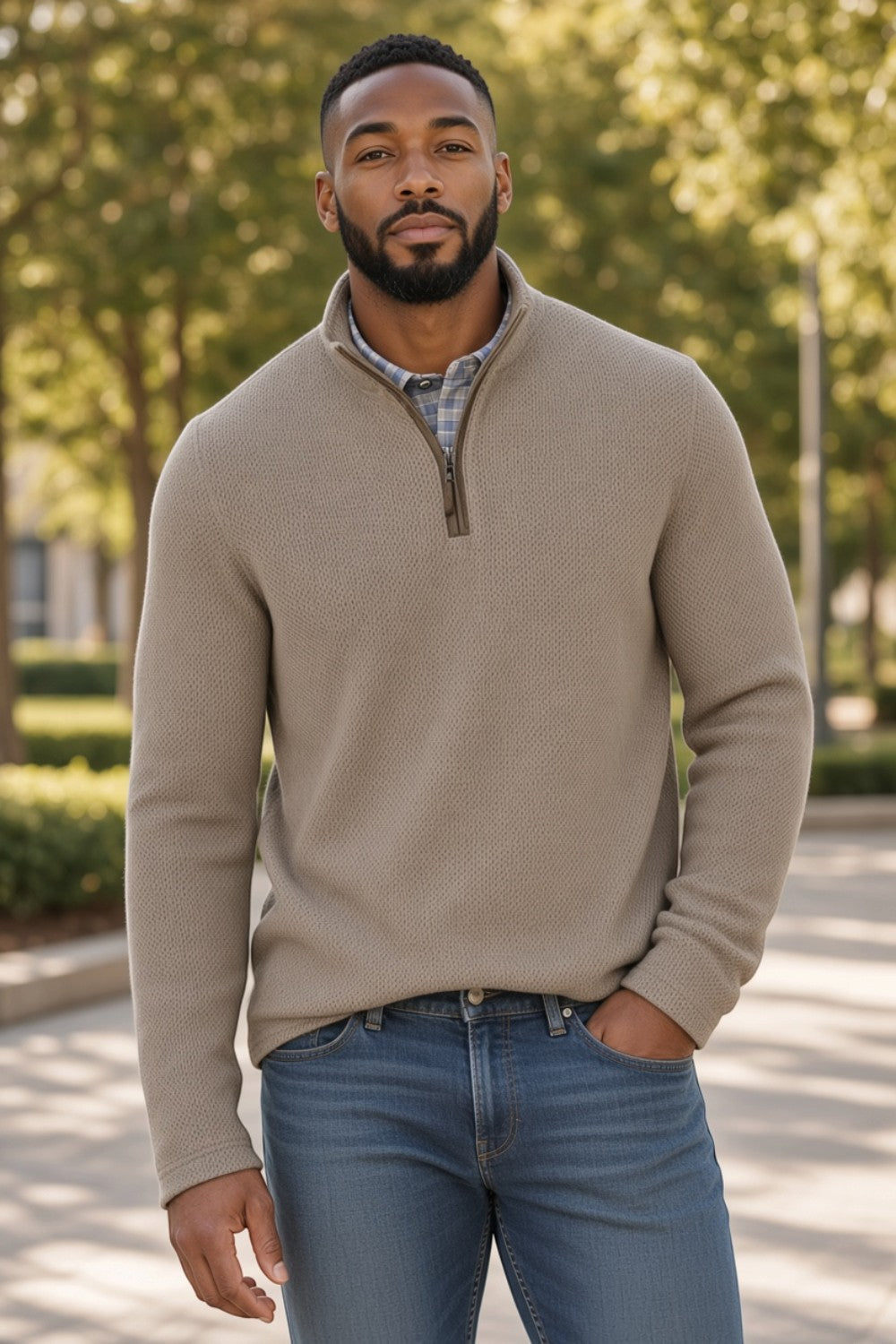 Broderick's Clothing Co. Johnston & Murphy DALTON melange quarter-zip sweater in beige worn by a man with jeans
