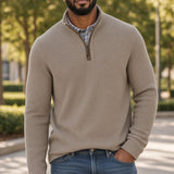 Broderick's Clothing Co. Johnston & Murphy DALTON melange quarter-zip sweater in beige worn by a man with jeans