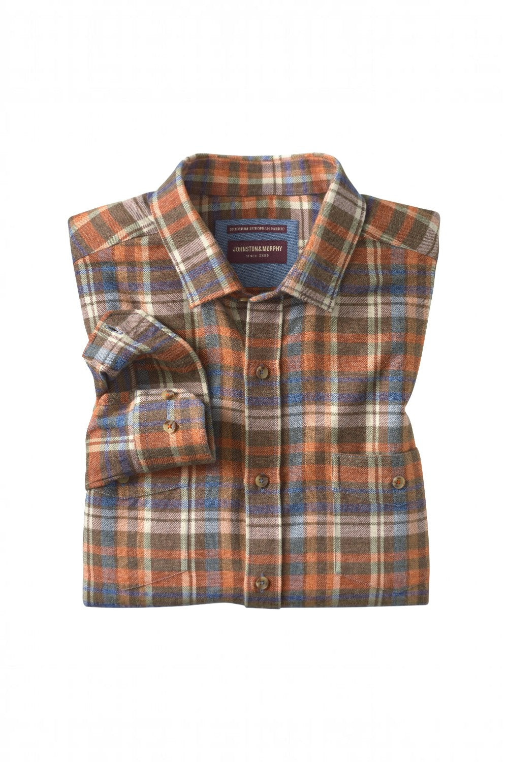 Broderick's Clothing Co. Johnston & Murphy heathered plaid woven shirt with button-down collar and chest pocket.