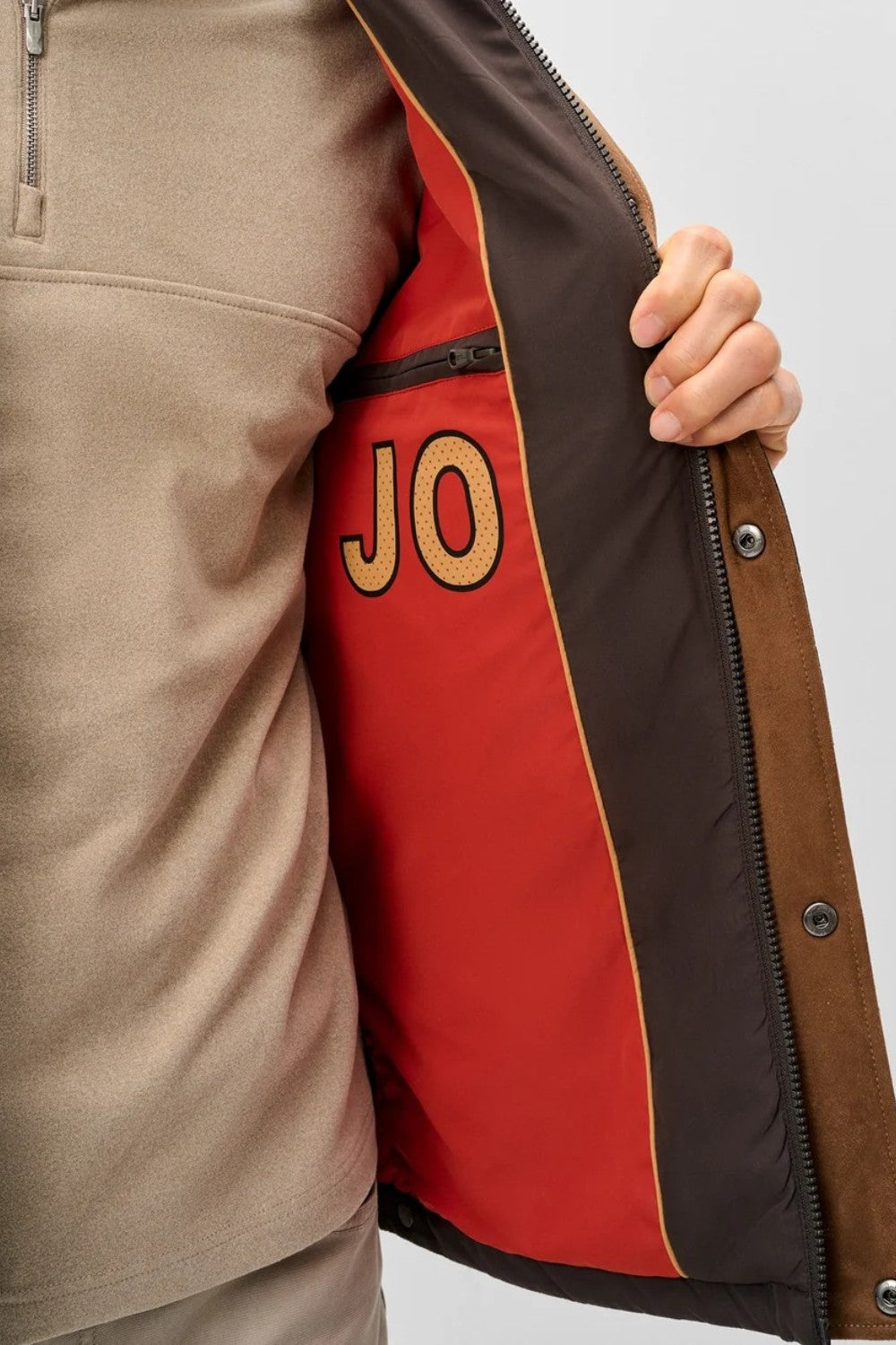Broderick's Clothing Co. Johnnie-O brown suede quilted jacket interior with red lining and JO logo detail