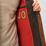 Broderick's Clothing Co. Johnnie-O brown suede quilted jacket interior with red lining and JO logo detail
