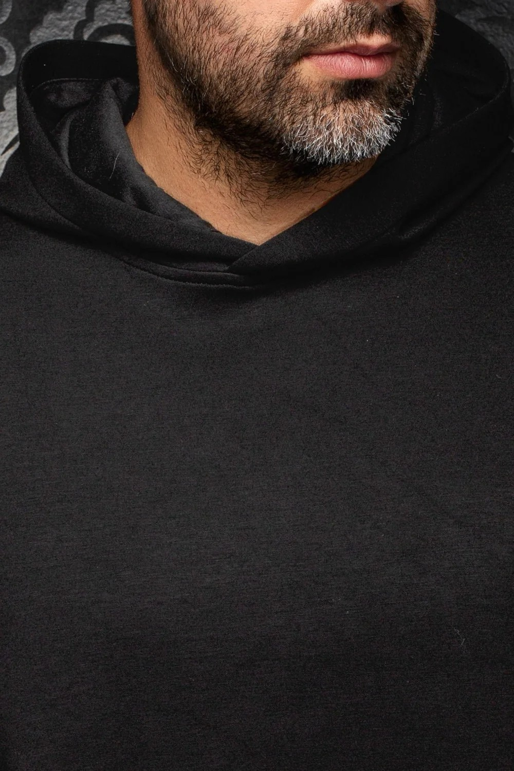 Broderick's Clothing Co. Au Noir KAIZEN black pullover hoodie worn by a man with a beard