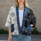 Broderick's Clothing Co. Shannon Passero Karol cardigan with split cream and black floral print and denim trim.
